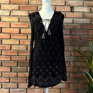 Lucky Brand Long Sleeve Tie V-Neck Top in Black with White Pattern Size Large